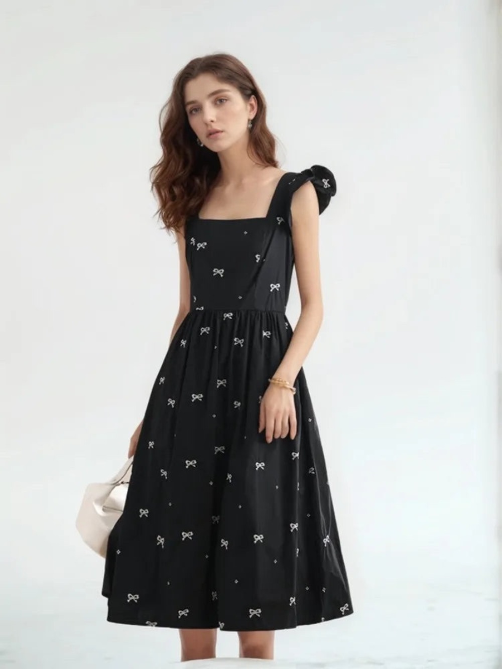 Cloud Ten Black Square-Neck Midi Dress with Bow Embroidery